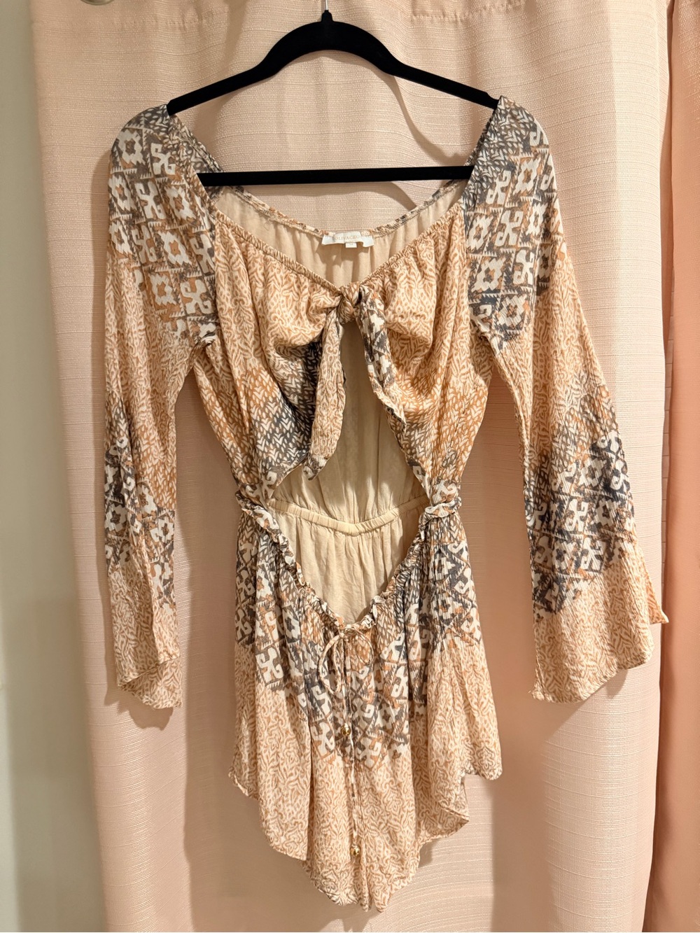 Olivaceous Beige and Gray Boho Tie-Front Bodysuit